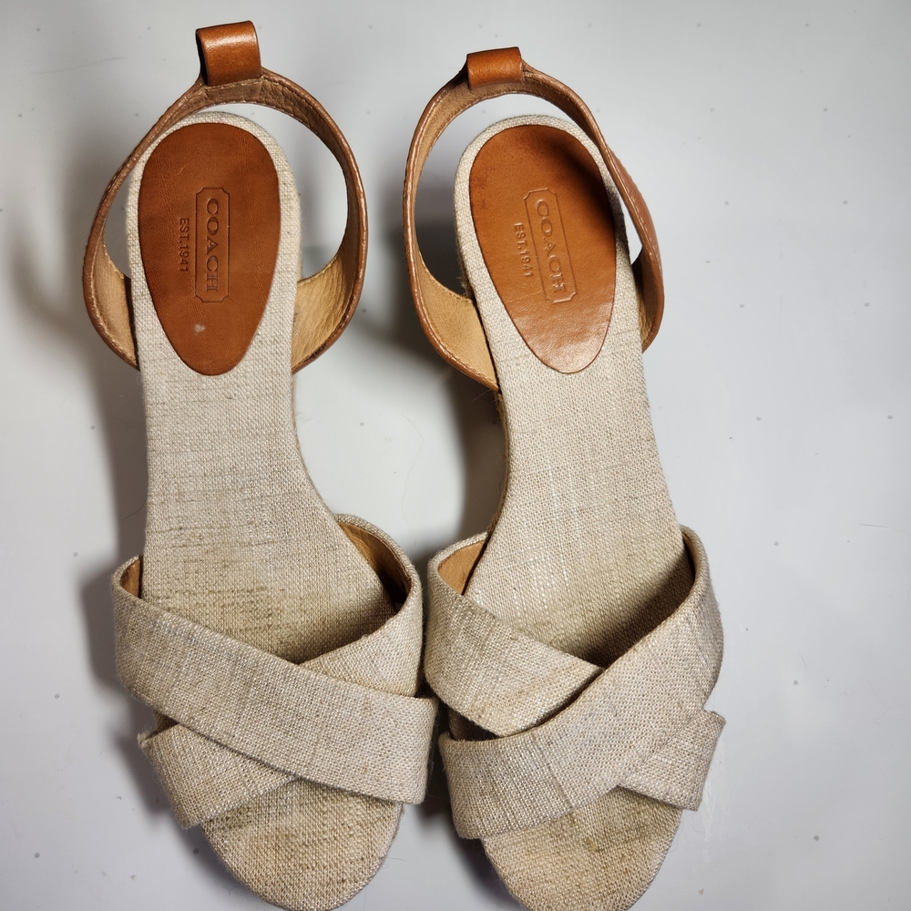 Coach 'Henley' Cream Linen Shimmer Wedge Espidrilles Women's Sandals 8.5